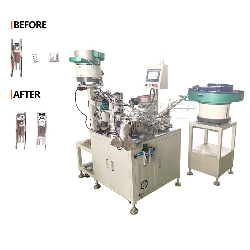 Hinged dump arm assembly machine