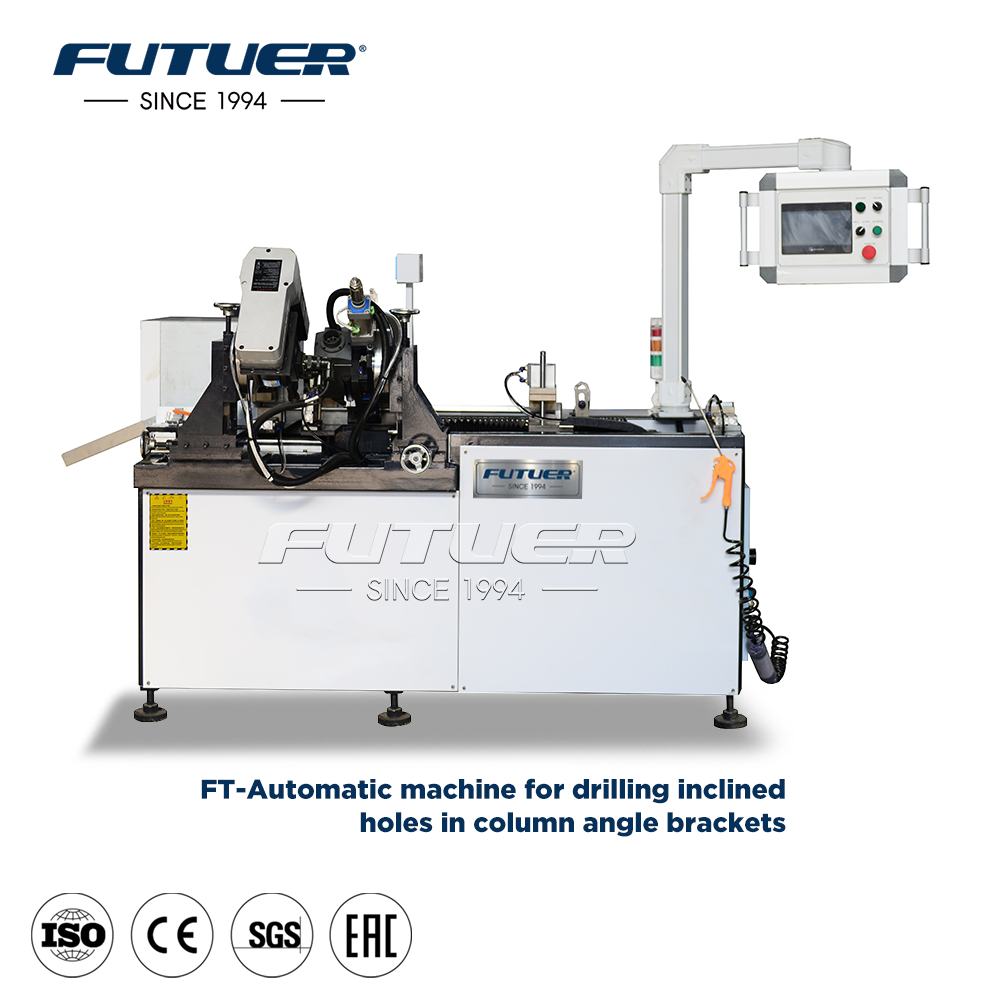 Automatic machine for drilling inclined holes in column angle brackets
